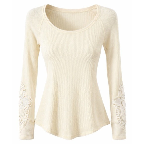 Free People Tops - Women's Free People Small Crochet Sleeve Waffle Knit Top Boho Cottagecore